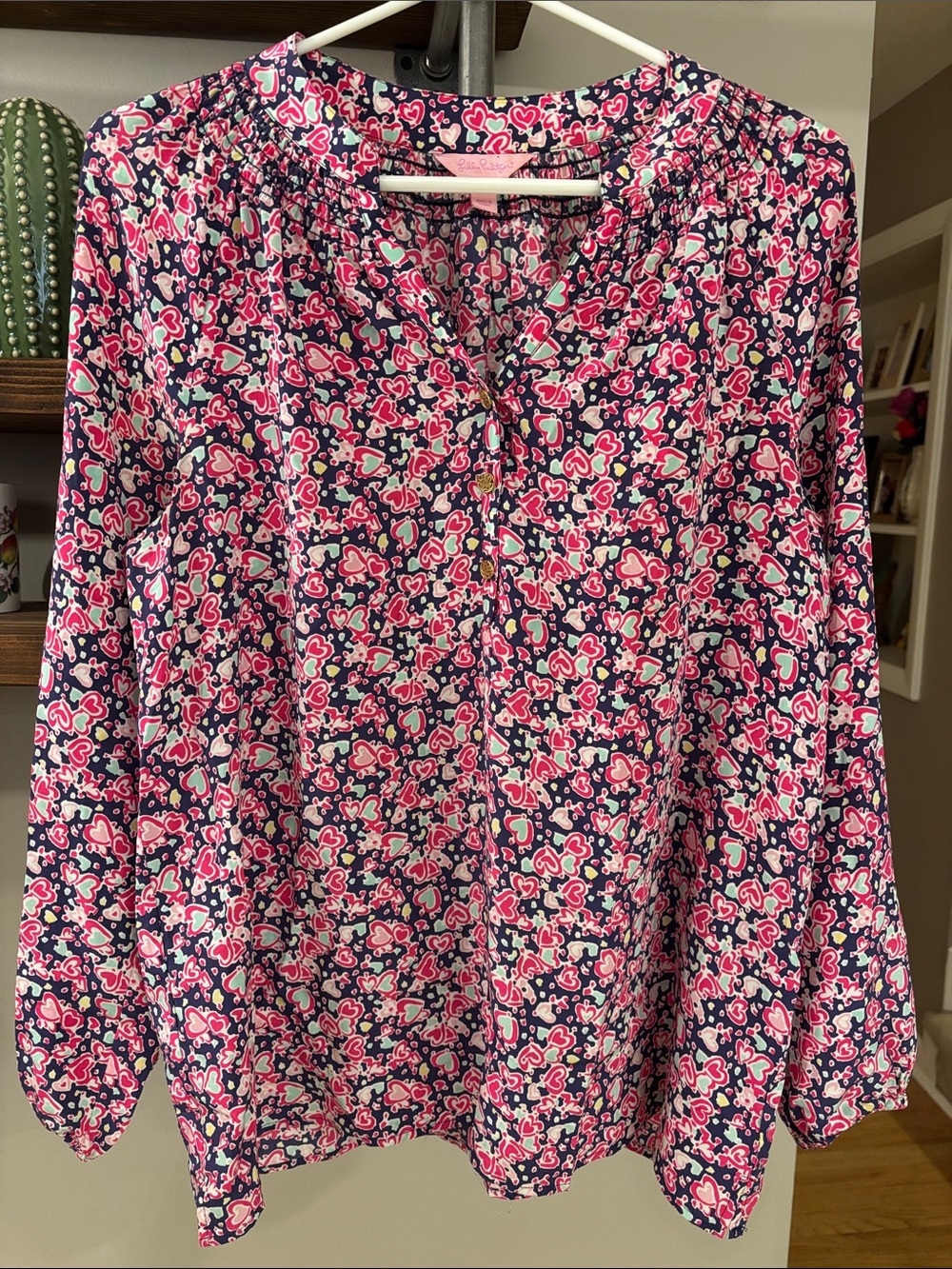 💕 Lilly Pulitzer 100% Silk Heart Print Peasant Blouse - Size M